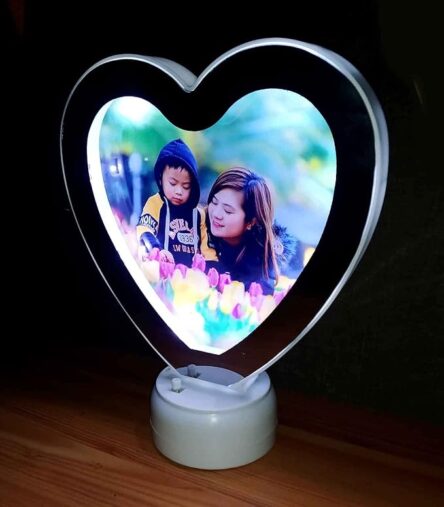 Personalized Customize Magic Mirror Cum Photo Heart Shape Tabletop Frame with LED Light - White
