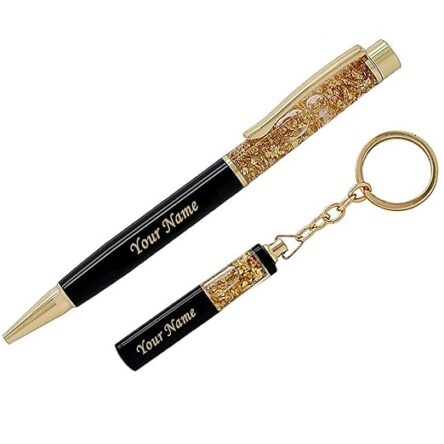 Personalized Pen & Keychain Gifts with Name Engraving | Pen for Gifting | Gift Set for Men & Women, Co Brand	blinkNshop Writing instrument form	Ballpoint Pen Colour	Black Ink Colour	Black Age Range (Description)	Adult About this item PRODUCT DETAILS:- Material: Metallic || Color: Black & Golden || Item Dimension: 3.25 x 6.25 Inch || Package Contain: Pack of 2 || To Customise Your Gold Flake Set Contact The Seller Trough "Seller Messaging Assistant" Under the 'Buyer-Seller Messaging Service. PRODUCT INCLUDED:- Customized gift set with pen with a keychain with your name Engraved on it. FOR GIFT:- Office Supplies, Corporate , anniversary gift, etc. Versatile Use: Ideal for on-the-go writing needs or as an emergency pen. Dual Functionality: Serves as both a reliable writing tool and a handy keychain accessory.rporate Gift Set, Customized Birthday Gift for Husband/Boyfriend/Brother/Wife - Image 7