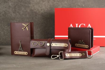 Personalized Name & Charm Leather Wallet Men’s Combo Giftset (Darkbrown) | Customized Birthday Anniversary Wedding Engagement Office Gifts for Men Man Male Gents