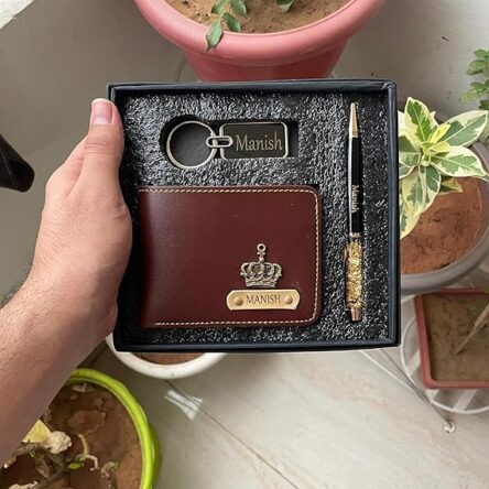 Customised leather original Wallet Pen Keychain Gifting Hamper Set for Men with Name (Brown), Personalized Purse Combo, Unique Stylish Gift for Husband, Boyfriend, Birthday, Valentine's day