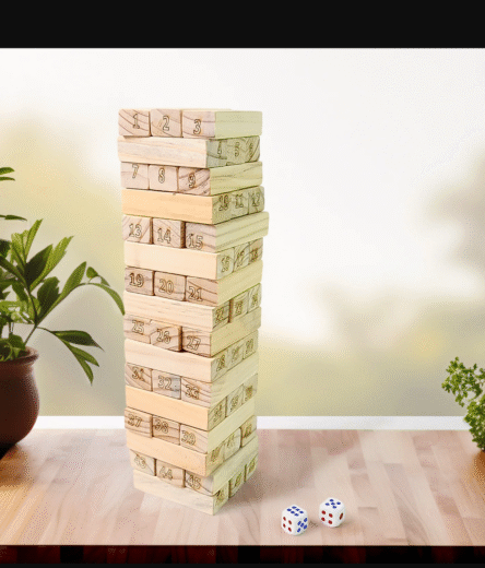 Wooden Tumbling Stacking Tower Game, Zenga tower (48 Pcs Blocks 2 Dices)