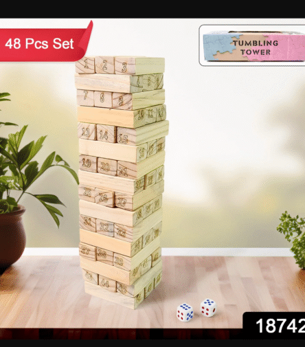 Wooden Tumbling Stacking Tower Game, Zenga tower (48 Pcs Blocks 2 Dices) - Image 2
